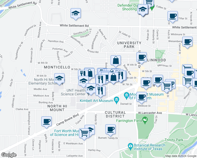 map of restaurants, bars, coffee shops, grocery stores, and more near 3427 West 6th Street in Fort Worth