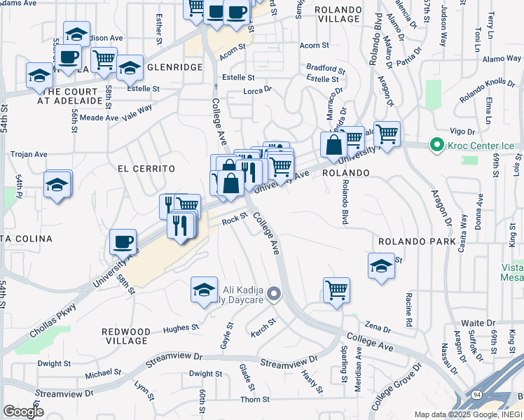 map of restaurants, bars, coffee shops, grocery stores, and more near 6147 University Avenue in San Diego
