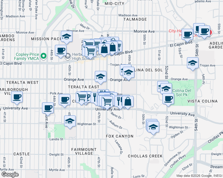 map of restaurants, bars, coffee shops, grocery stores, and more near 4166 48th Street in San Diego