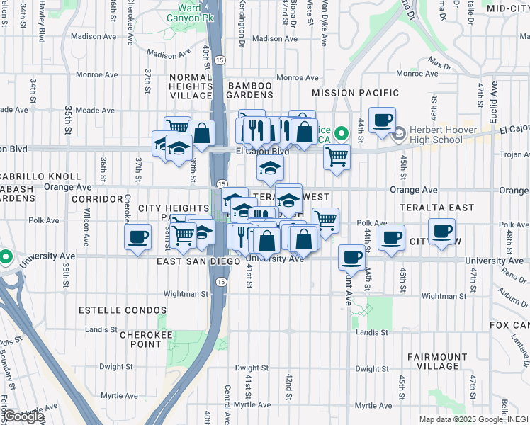 map of restaurants, bars, coffee shops, grocery stores, and more near 4155 41st Street in San Diego
