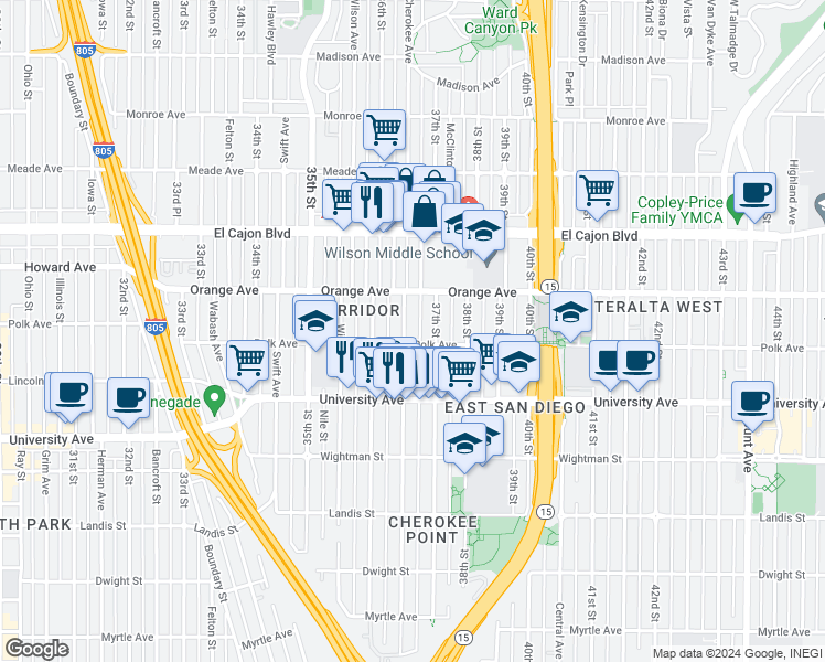 map of restaurants, bars, coffee shops, grocery stores, and more near 4151 Cherokee Avenue in San Diego