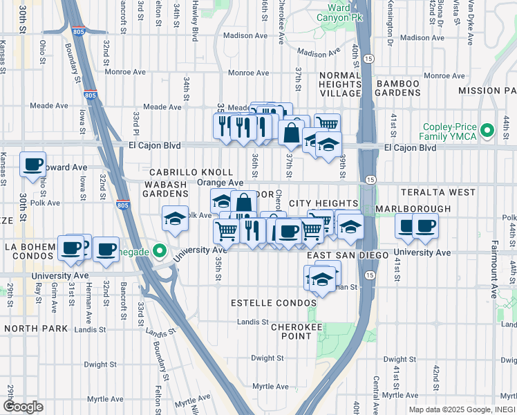 map of restaurants, bars, coffee shops, grocery stores, and more near in San Diego