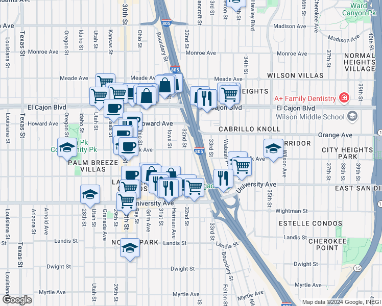 map of restaurants, bars, coffee shops, grocery stores, and more near 3210 Polk Avenue in San Diego