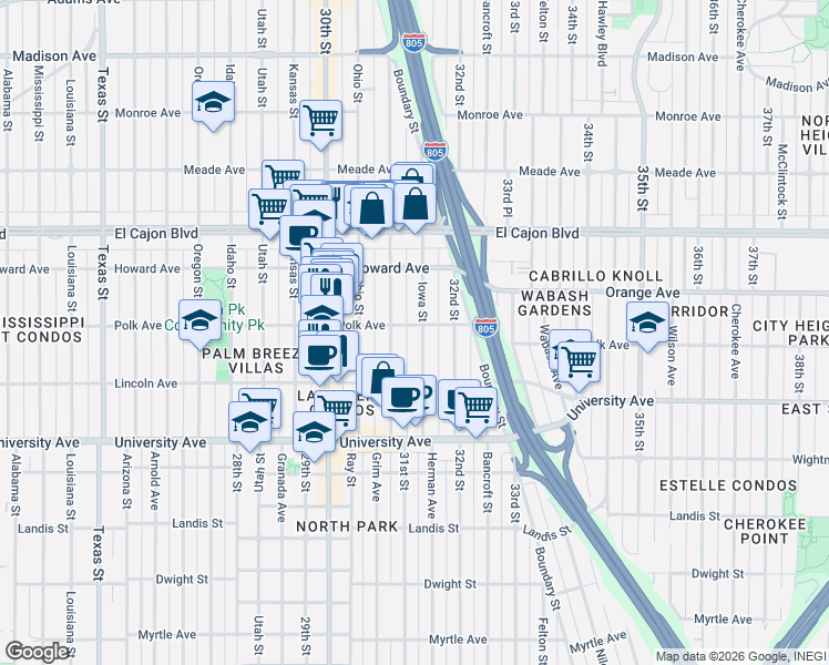 map of restaurants, bars, coffee shops, grocery stores, and more near 4111 Illinois Street in San Diego