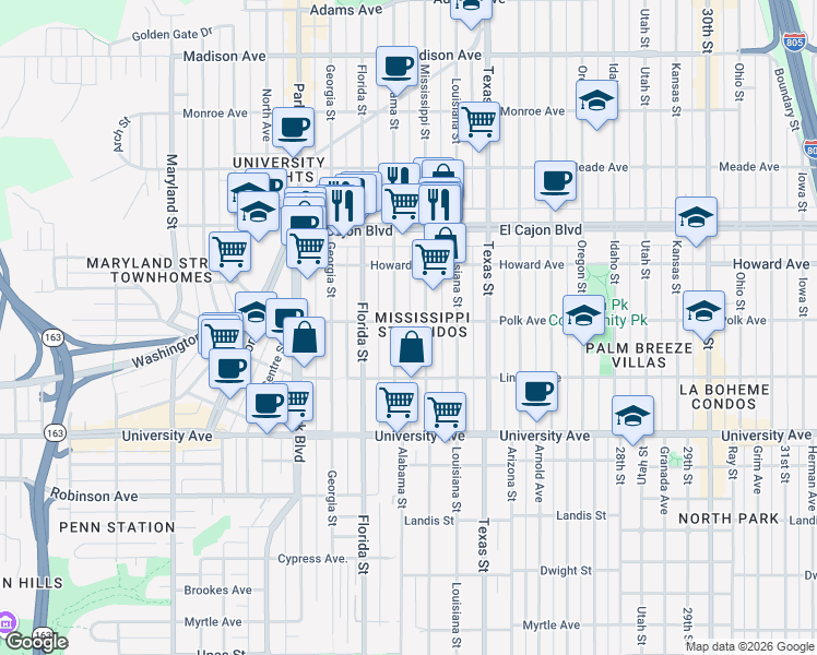 map of restaurants, bars, coffee shops, grocery stores, and more near 4119 1/2 Alabama Street in San Diego