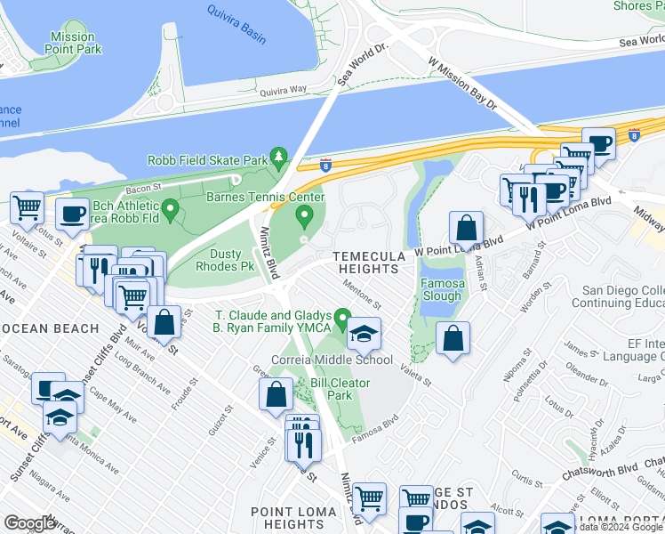 map of restaurants, bars, coffee shops, grocery stores, and more near 4484 West Point Loma Boulevard in San Diego