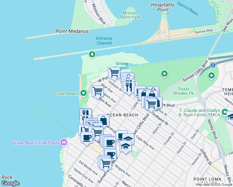 map of restaurants, bars, coffee shops, grocery stores, and more near 5045 Voltaire Street in San Diego