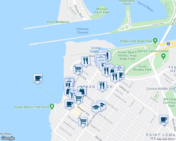 map of restaurants, bars, coffee shops, grocery stores, and more near 5102 Muir Avenue in San Diego