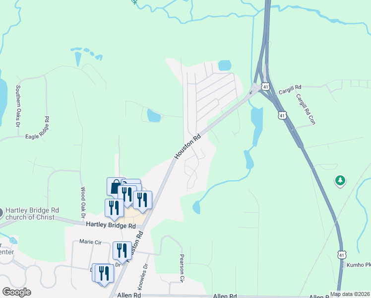 map of restaurants, bars, coffee shops, grocery stores, and more near 5421 Houston Road in Macon