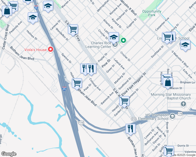 map of restaurants, bars, coffee shops, grocery stores, and more near 1729 Pear Street in Dallas