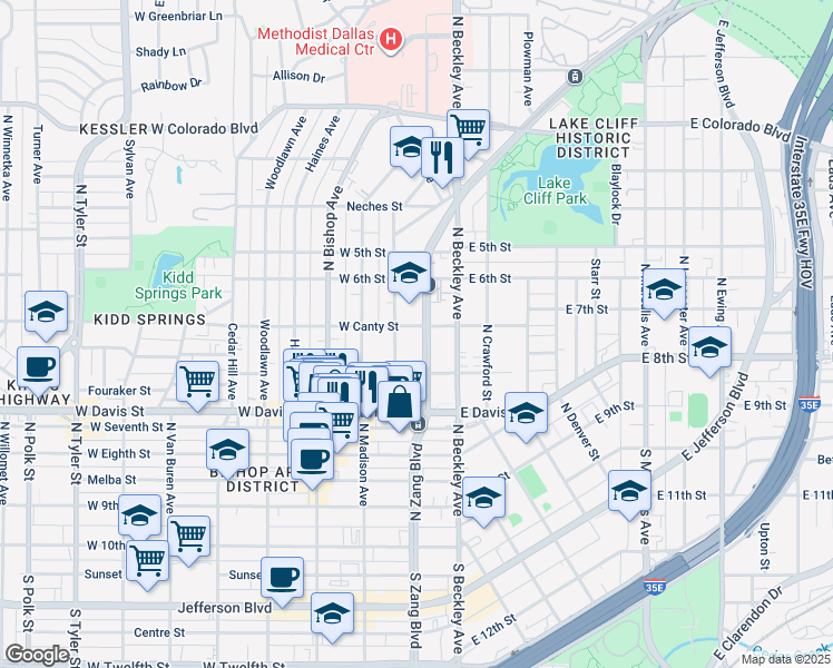 map of restaurants, bars, coffee shops, grocery stores, and more near 801 North Zang Boulevard in Dallas