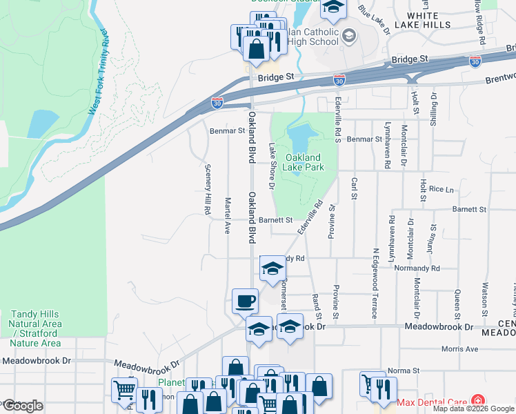 map of restaurants, bars, coffee shops, grocery stores, and more near 1733 Oakland Boulevard in Fort Worth