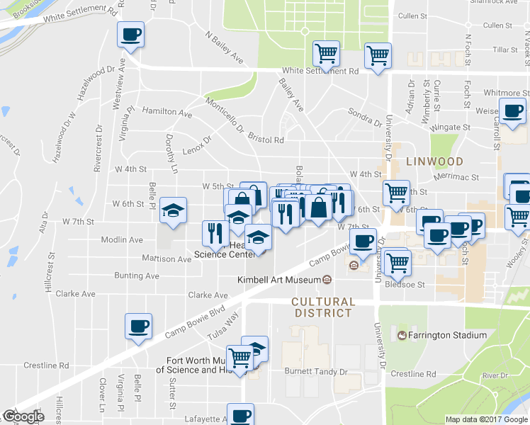 map of restaurants, bars, coffee shops, grocery stores, and more near 3428 West 6th Street in Fort Worth