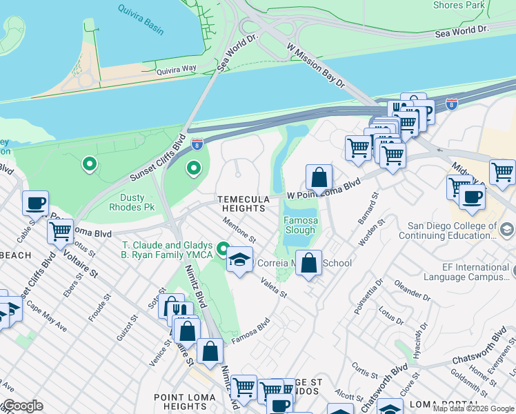 map of restaurants, bars, coffee shops, grocery stores, and more near 4314 West Point Loma Boulevard in San Diego