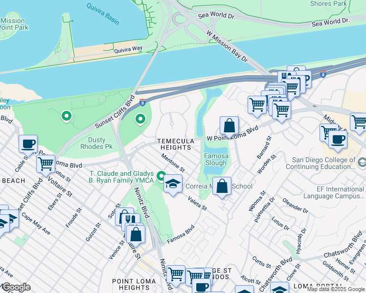 map of restaurants, bars, coffee shops, grocery stores, and more near 4377 Rialto Street in San Diego