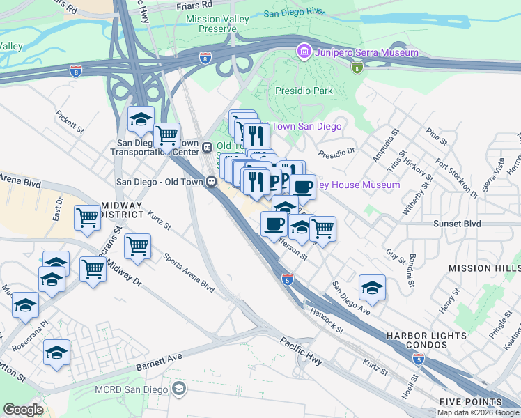 map of restaurants, bars, coffee shops, grocery stores, and more near in San Diego