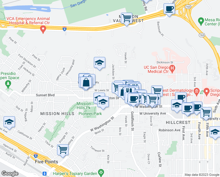 map of restaurants, bars, coffee shops, grocery stores, and more near 1218 West Lewis Street in San Diego