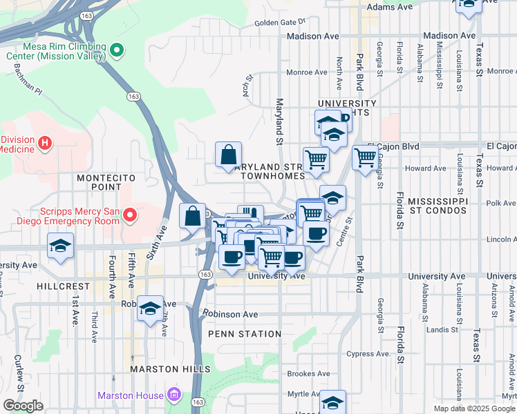 map of restaurants, bars, coffee shops, grocery stores, and more near 1222 Lincoln Avenue in San Diego