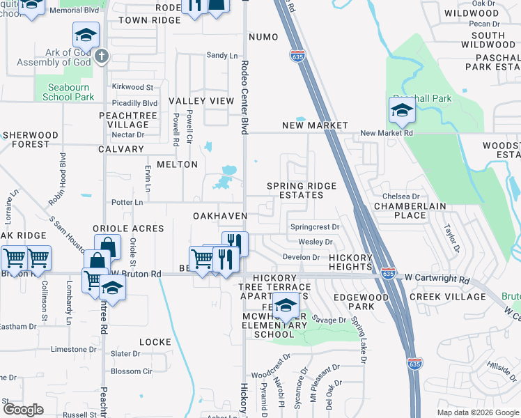 map of restaurants, bars, coffee shops, grocery stores, and more near 1301 Maple Ridge Drive in Mesquite