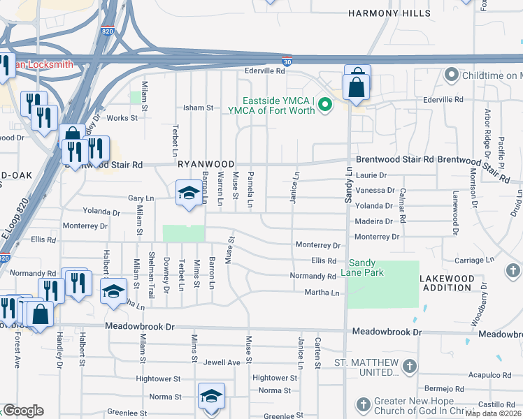 map of restaurants, bars, coffee shops, grocery stores, and more near 1817 Pamela Lane in Fort Worth