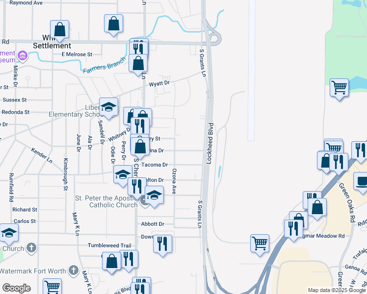 map of restaurants, bars, coffee shops, grocery stores, and more near 7716 Corina Dr in White Settlement