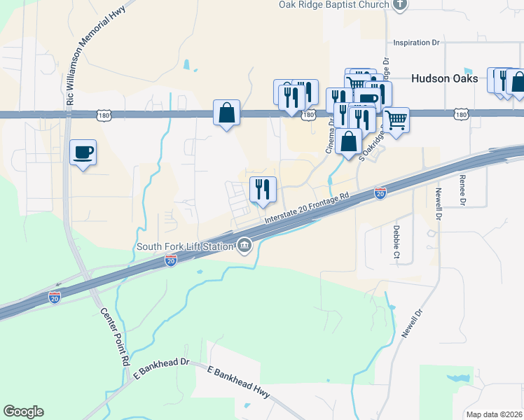 map of restaurants, bars, coffee shops, grocery stores, and more near 900 Cinema Drive in Hudson Oaks