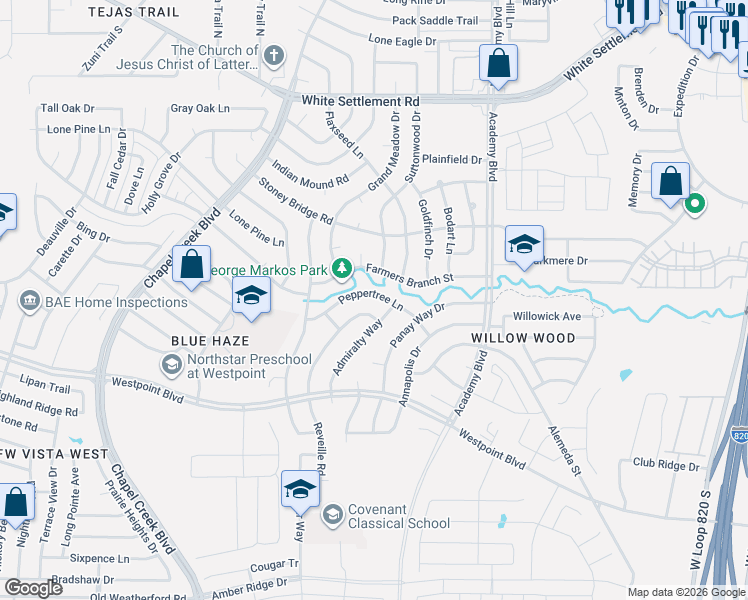 map of restaurants, bars, coffee shops, grocery stores, and more near 10113 Peppertree Lane in Fort Worth