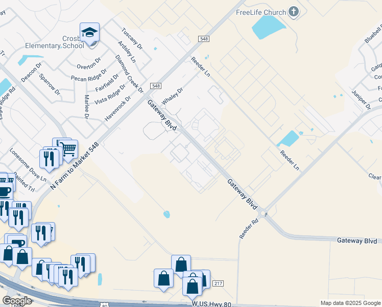 map of restaurants, bars, coffee shops, grocery stores, and more near 1100 Gateway Boulevard in Forney
