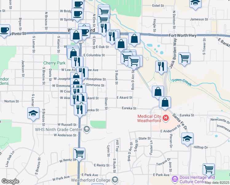 map of restaurants, bars, coffee shops, grocery stores, and more near 604 South Rusk Street in Weatherford