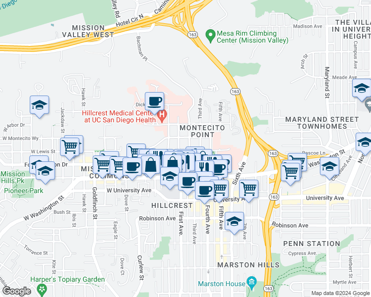 map of restaurants, bars, coffee shops, grocery stores, and more near 120 Lewis Street in San Diego