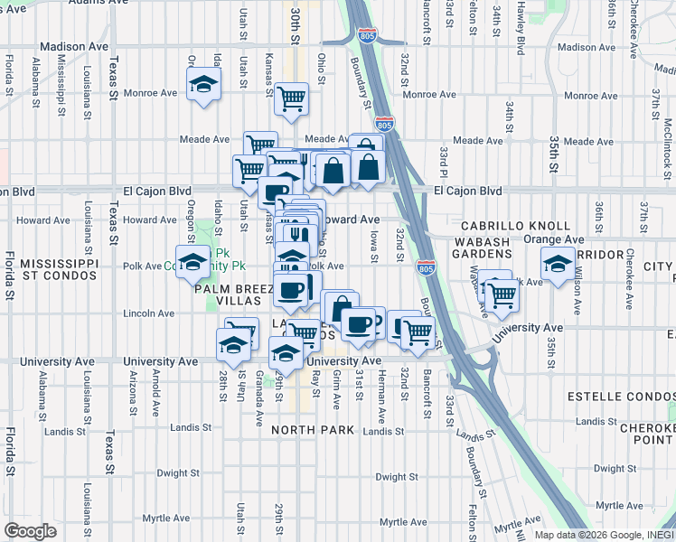 map of restaurants, bars, coffee shops, grocery stores, and more near 4111 Illinois Street in San Diego