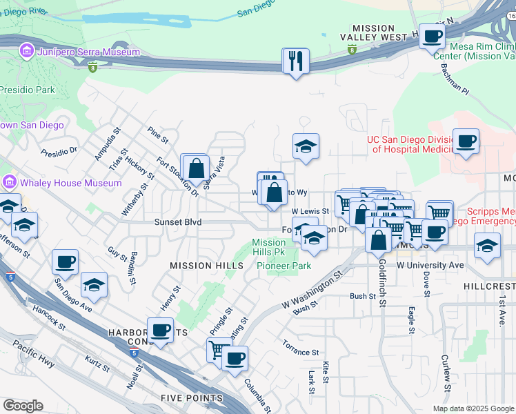 map of restaurants, bars, coffee shops, grocery stores, and more near 1728 West Lewis Street in San Diego