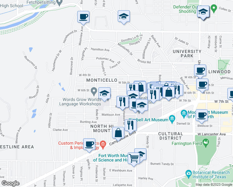 map of restaurants, bars, coffee shops, grocery stores, and more near 3751 West 6th Street in Fort Worth