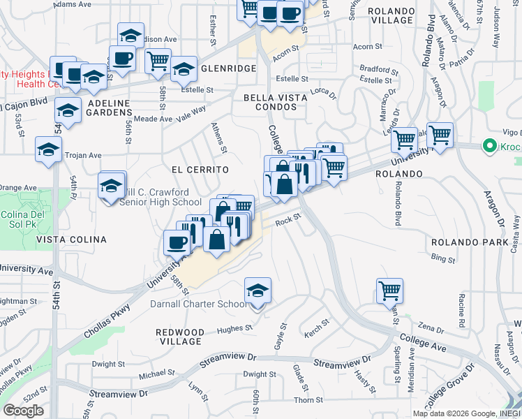 map of restaurants, bars, coffee shops, grocery stores, and more near University Ave & 60th St in San Diego