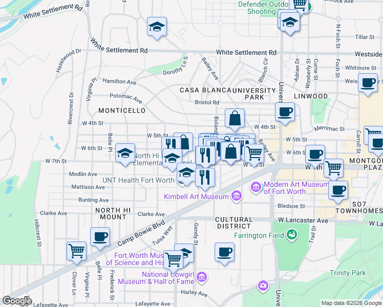 map of restaurants, bars, coffee shops, grocery stores, and more near 701 Monticello Drive in Fort Worth