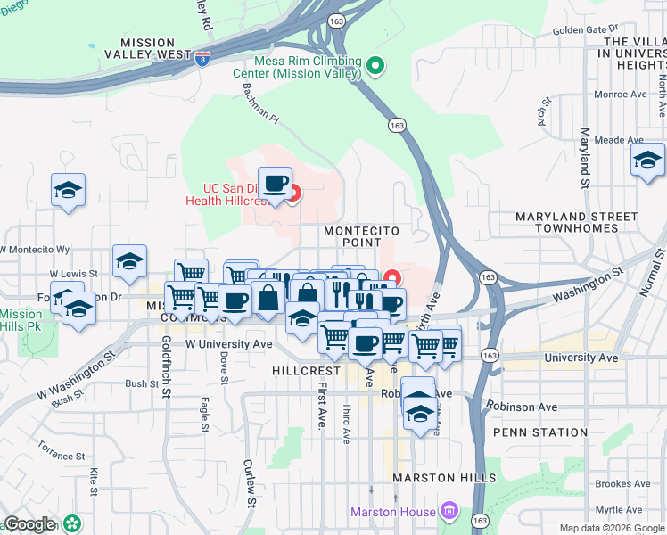 map of restaurants, bars, coffee shops, grocery stores, and more near 4136 Bachman Place in San Diego