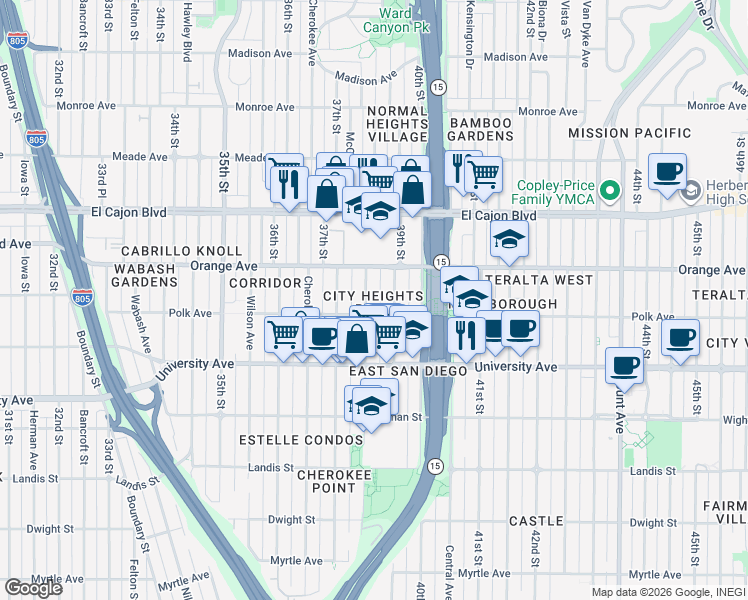 map of restaurants, bars, coffee shops, grocery stores, and more near 4127 38th Street in San Diego