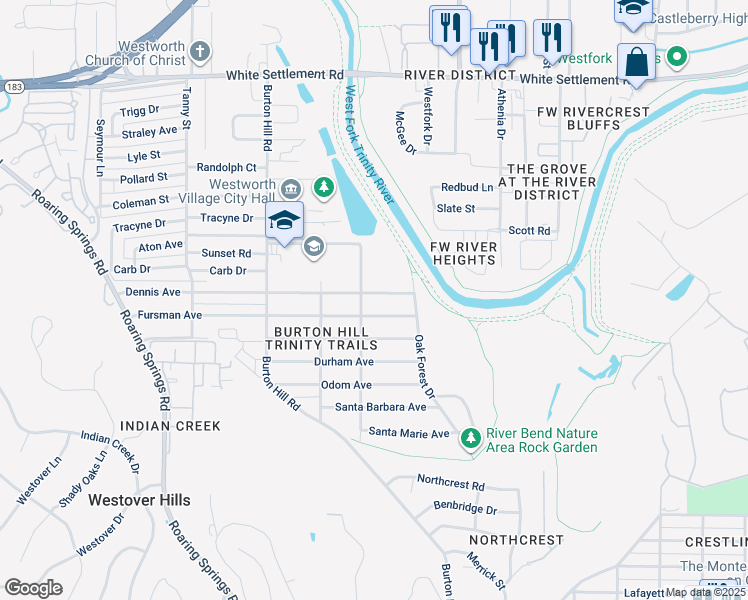 map of restaurants, bars, coffee shops, grocery stores, and more near 5436 Dennis Avenue in Fort Worth