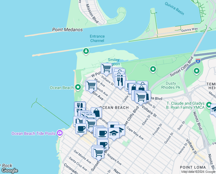 map of restaurants, bars, coffee shops, grocery stores, and more near 5045 Voltaire Street in San Diego