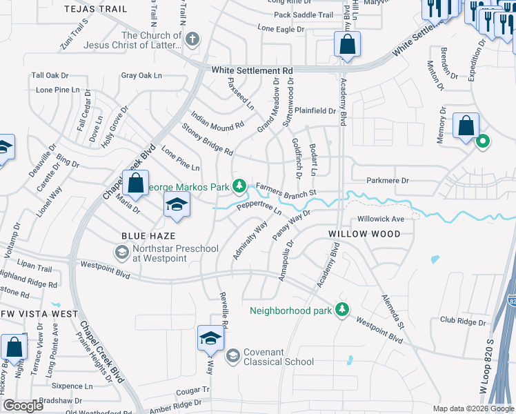 map of restaurants, bars, coffee shops, grocery stores, and more near 10117 Peppertree Lane in Fort Worth