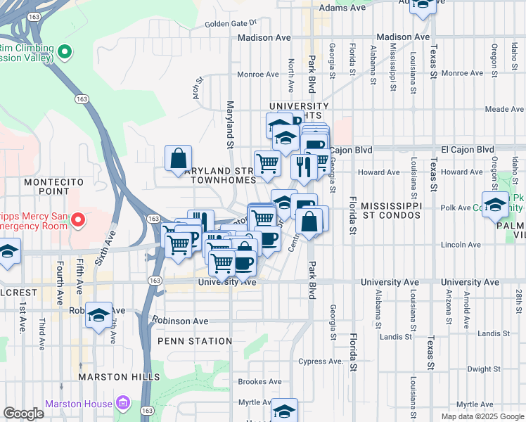 map of restaurants, bars, coffee shops, grocery stores, and more near Washington Street & Cleveland Avenue in San Diego