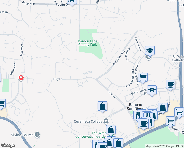 map of restaurants, bars, coffee shops, grocery stores, and more near 11582 Fury Lane in El Cajon