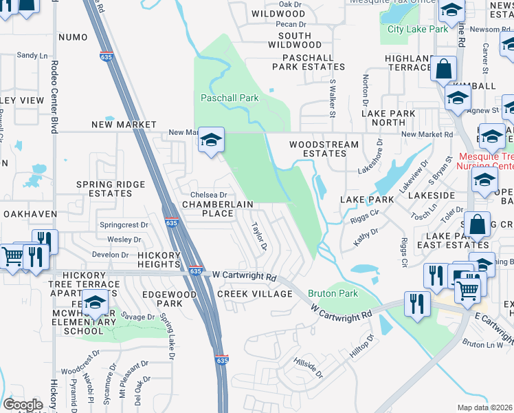 map of restaurants, bars, coffee shops, grocery stores, and more near 827 Kim Lane in Mesquite