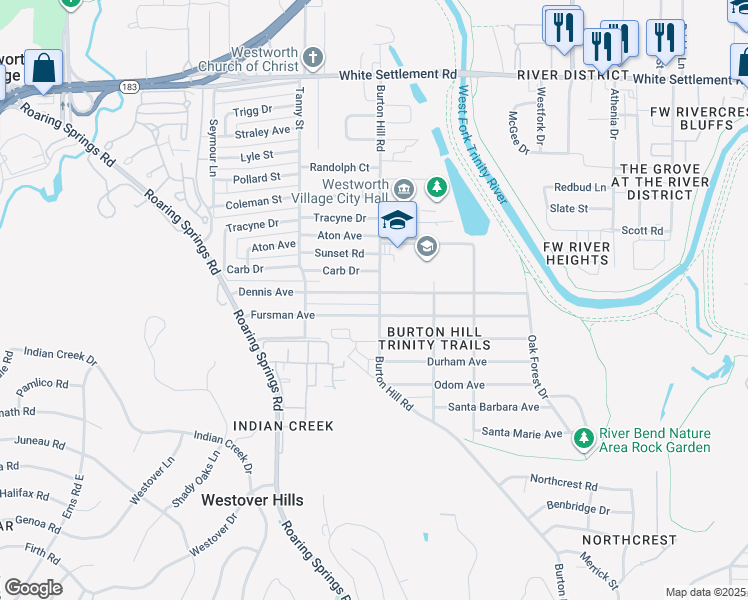 map of restaurants, bars, coffee shops, grocery stores, and more near 5704 Dennis Avenue in Fort Worth