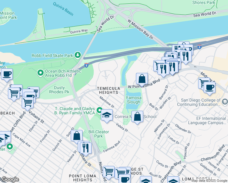 map of restaurants, bars, coffee shops, grocery stores, and more near 4377 Rialto Street in San Diego