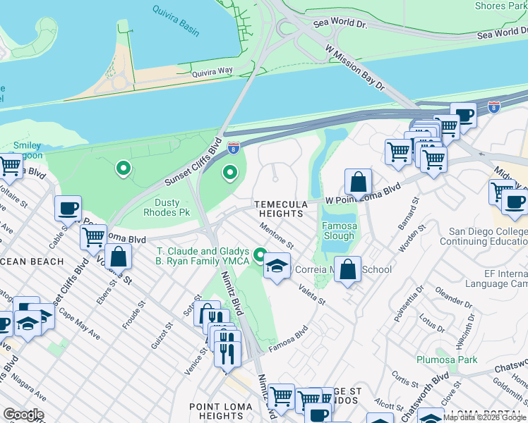 map of restaurants, bars, coffee shops, grocery stores, and more near 4457 Temecula Street in San Diego