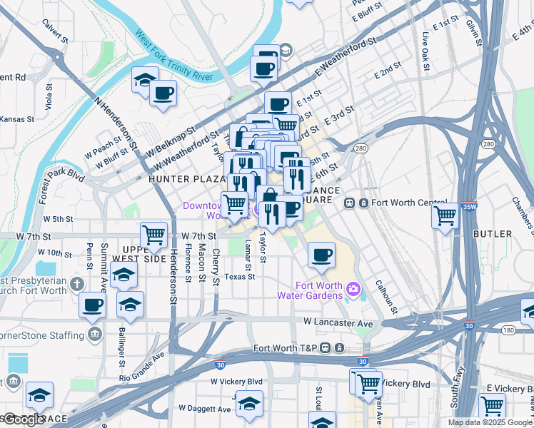 map of restaurants, bars, coffee shops, grocery stores, and more near in Fort Worth
