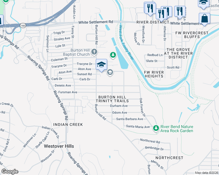 map of restaurants, bars, coffee shops, grocery stores, and more near 5524 Dennis Avenue in Fort Worth