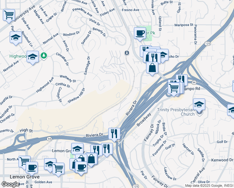 map of restaurants, bars, coffee shops, grocery stores, and more near 8264 High Street in La Mesa