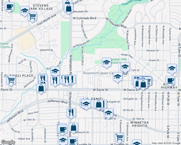 map of restaurants, bars, coffee shops, grocery stores, and more near 2200 Kessler Parkway in Dallas
